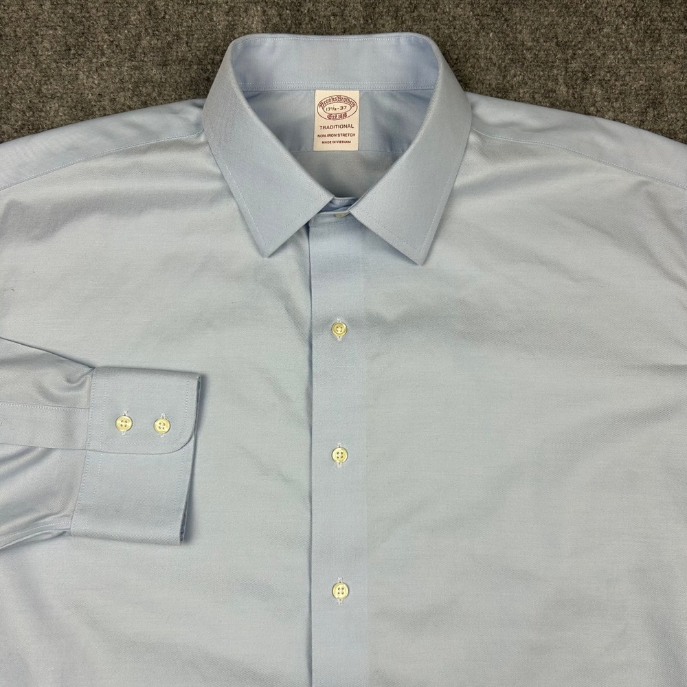 Brooks Brothers Button Up Dress Shirt Mens 17.5 37 Blue Non-Iron Stretch Supima